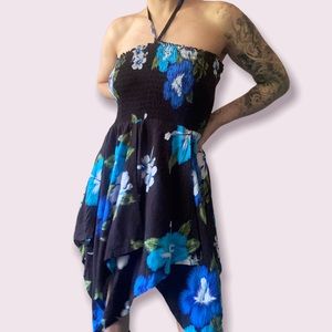 Y2K Asymmetrical Hem Hibiscus Hawaiian Halter Dress OS